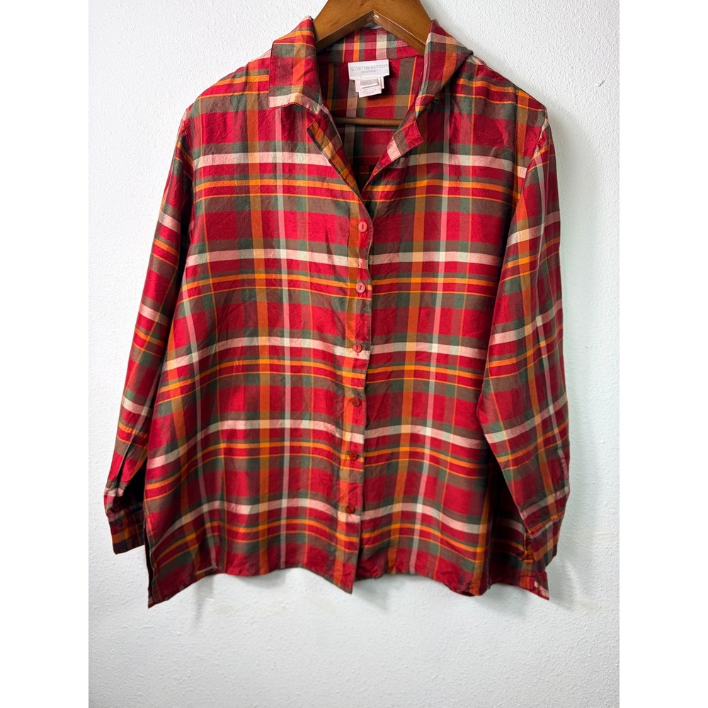 Vintage Worthington Women Silk Plaid Button Down Red 2X Long Sleeve Casual Top